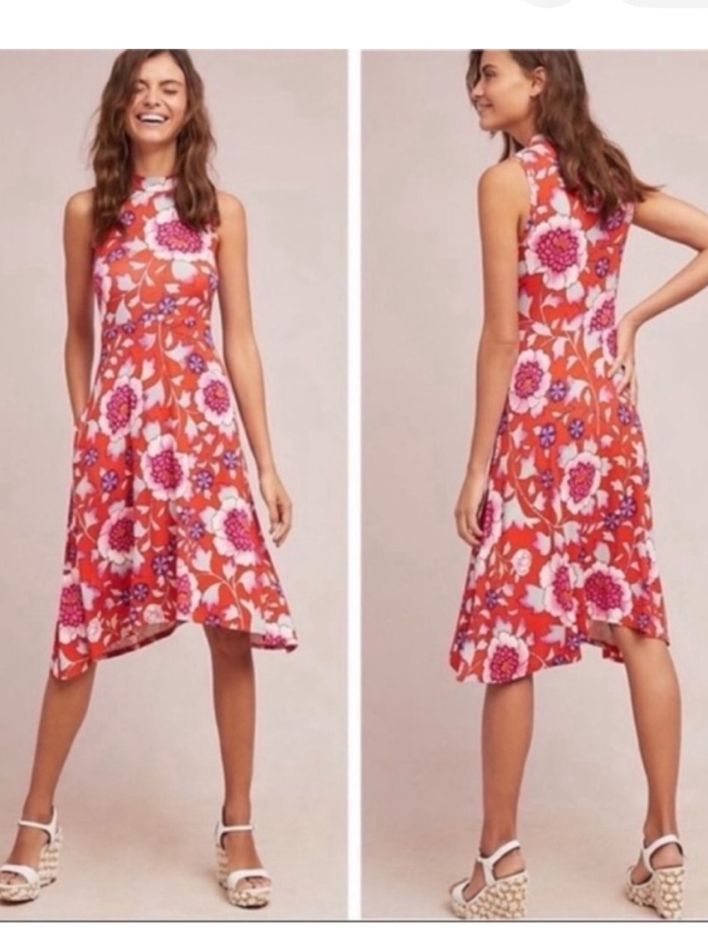 Anthropologie Sleeveless Floral Midi Dress in Red and Pink